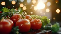 Fresh ripe cherry tomatoes with water drops on dark background against golden bokeh lights, macro food photography with selective focus.