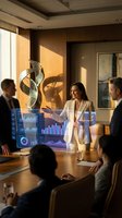 Professional businesswoman presenting financial data analytics on holographic display during corporate meeting in modern conference room.