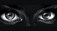 Dramatic close-up of intense human eyes in black and white with detailed eyelashes and reflective highlights, showing deep emotion and mystery in dark atmospheric lighting.