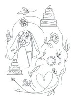 Wedding line art coloring page with bride and groom couple, cakes, rings, hearts and floral elements for romantic celebration design projects.