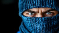 Intense close-up of piercing blue eyes seen through dark blue knitted balaclava against black background, creating mysterious and dramatic portrait mood.