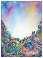 Colorful watercolor gradient background with ornate decorative border featuring swirls, gears, brain imagery, and botanical elements in vibrant rainbow hues. Isolated design suitable for posters, invitations, and creative projects.