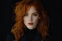 Young woman with vibrant red hair and green eyes wearing black turtleneck against dark background, dramatic portrait with natural makeup and wind-swept hairstyle.