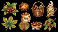 Autumn chestnut clipart set with leaves, basket, bowl, bag, and hot drink, isolated on transparent background. Great for t-shirts, stickers, print on demand.
