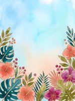 Watercolor tropical floral border with hibiscus, orchids, monstera leaves, and berries on a soft pastel blue and peach background with copy space.
