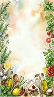 Watercolor cooking frame with fresh herbs, tomatoes, garlic, lemon, olive oil, and kitchen utensils on cream background. Ideal for recipe blogs, food packaging, culinary websites, and restaurant menus.