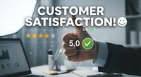 Business professional selecting five-star rating for customer satisfaction survey with digital interface overlay for quality service evaluation.