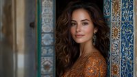 Young Hispanic woman with long wavy brown hair and natural makeup wearing orange lace dress poses against ornate blue and gold mosaic wall background.