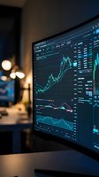 Trading platform displaying upward trending stock charts with candlestick patterns and financial data on monitor screen in modern office workspace at night.