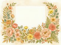 Watercolor floral frame with roses, peonies, and greenery in warm peach and yellow tones, featuring a blank center space for text or design.
