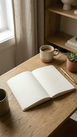 Cozy workspace with open blank notebook, coffee cup and succulent plant on wooden desk near window with natural light for productivity and creativity.