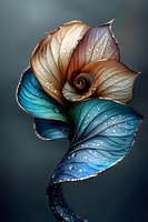 Spiral arrangement of metallic leaves with water droplets in turquoise, blue, and copper tones against dark background, creating elegant natural form.