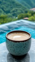 Hot chocolate served in turquoise ceramic cup on stone surface against blurred infinity pool and tropical mountain landscape background, luxury resort setting.