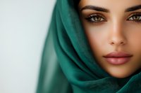 Middle Eastern woman wearing emerald green hijab gazes with confident expression, showcasing natural makeup and striking eyes against soft background.