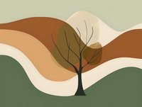 Minimalist landscape with lone tree against rolling hills in earth tones, featuring organic wavy shapes and natural color palette. Modern wall art design.
