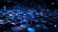 Computer keyboard with glowing blue bokeh lights in dark setting creates futuristic tech atmosphere, shallow depth of field highlights individual keys.