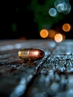 Copper-tipped bullet on dark wooden surface with blurred bokeh lights in background creating dramatic atmosphere for crime scene or security concept photography.