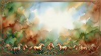 Watercolor landscape with dramatic sky, warm earth tones, and ornate decorative border frame, suitable for vintage backgrounds, wall art, and editorial design projects.