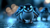 Adorable baby penguin chick with fluffy feathers standing on icy surface with soft bokeh lights in background creating magical winter atmosphere.