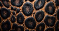Dark spotted pattern on brown leather texture with circular shapes creating organic abstract design, natural animal print style background for fashion and luxury goods.