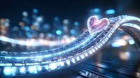 Glowing neon heart shape on curved light trail with blue bokeh background, romantic futuristic design element for Valentine's day and love concepts.