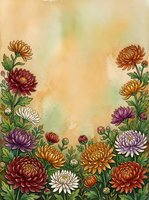 Watercolor chrysanthemum border frame with colorful autumn blooms on warm golden textured background with copy space for text.