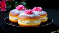 Freshly baked donuts filled with vanilla cream, dusted with powdered sugar and topped with pink rose decorations on dark plate against black background.