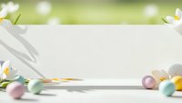 Easter background with colorful eggs, white tulips and empty podium display for product presentation on soft spring bokeh backdrop.