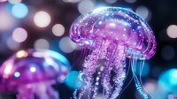 Glowing translucent jellyfish with purple and blue bioluminescent effects floating in dark water with bokeh lights creating magical underwater atmosphere.