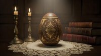 Ornate carved wooden egg with intricate geometric patterns displayed on lace doily beside brass candlesticks and antique leather books in warm atmospheric lighting.