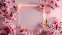 Glowing neon square frame surrounded by delicate pink cherry blossoms on soft pink background, creating romantic spring atmosphere for wedding design.