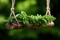 Fresh herbs growing on rustic wooden log swing with rope, featuring basil, dill and parsley against blurred green garden background. Perfect for culinary concepts.