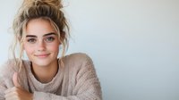 Young Caucasian woman with messy bun hairstyle wearing cozy beige sweater smiling at camera against light background, natural makeup and fresh skin.