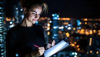 Young blonde businesswoman working late at night, writing in illuminated tablet against city lights bokeh background, modern urban lifestyle.