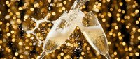 Two champagne flutes clinking together with sparkling wine splashing, set against a golden bokeh background with glittering lights, perfect for celebrations and festive occasions.