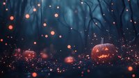 Glowing jack-o'-lanterns in dark misty forest with magical orange lights and sparks creating spooky Halloween atmosphere.