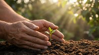 Elderly hands protecting young green plant seedling growing from rich soil with warm sunlight filtering through trees in background for environmental care.