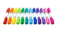 Assorted highlighter markers arranged in two rows displaying vibrant rainbow colors from red to magenta, isolated on white background for design, education, and office supply projects.