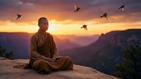 Young Asian monk in brown robes meditating peacefully on mountain cliff at golden sunrise with birds flying overhead in serene spiritual landscape.