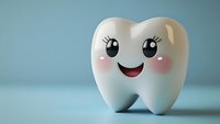 Cute cartoon tooth with smiling face and rosy cheeks on light blue background, perfect for dental care concepts and children's oral health education.