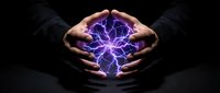 Hands holding glowing purple electric energy orb with lightning bolts on black background. Concept for power, innovation, technology, and energy generation for business and design projects.
