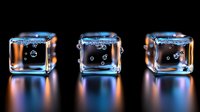 Glowing ice cubes with frozen bubbles on dark background, illuminated with blue and orange light creating magical atmosphere for beverage photography.