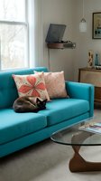 Turquoise sofa with decorative pillows and black cat resting on cushions in modern living room with natural light from window, mid-century furniture and entertainment setup.