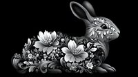 Decorative rabbit silhouette filled with intricate floral folk art pattern in monochrome style on black background, ornamental design with swirls and blooming flowers.