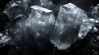 Translucent aquamarine crystal clusters emerge from dark background, showcasing natural geometric formations with ethereal glow and misty atmosphere. Macro mineral photography.