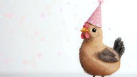 Adorable brown chicken wearing pink polka dot party hat against light background with soft bokeh confetti effect, festive farm animal celebration concept.