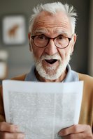 Senior Caucasian man with white beard and glasses expressing excitement while reading document, showing genuine joy and surprise. Perfect for retirement or good news concepts.