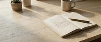 Open notebook with handwritten notes on marble desk beside pen, potted plant and coffee mug in bright natural light, suitable for workspace and productivity concepts.