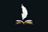 Open book with white feather quill floating above pages on dark green background, symbolizing literature, writing and storytelling. Minimalist design for publishing.