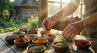 Hands selecting colorful spices from wooden bowls on rustic table with warm sunlight streaming through window creating golden hour atmosphere.